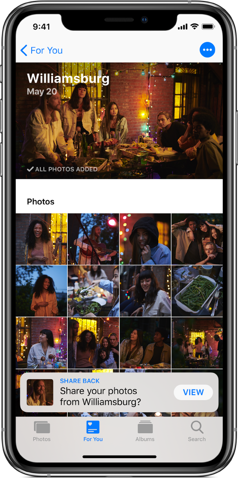 A Sharing Suggestions screen showing shared photos from an event. At the top left is a For You button, which takes you back to the For You screen. A suggestion to share back photos from the same event is at the bottom of the screen.