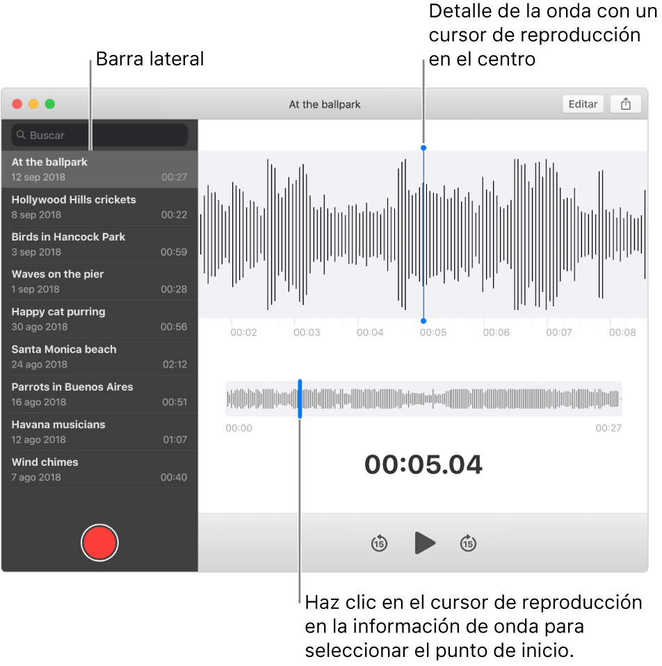 La app Notas de Voz muestra la barra lateral a la izquierda. La grabación aparece en la ventana a la derecha de la barra lateral, como un detalle en forma de onda con un cursor de reproducción en el centro. Debajo de él está la vista general de la forma de onda. Haz clic en el cursor de reproducción para seleccionar la posición inicial.
