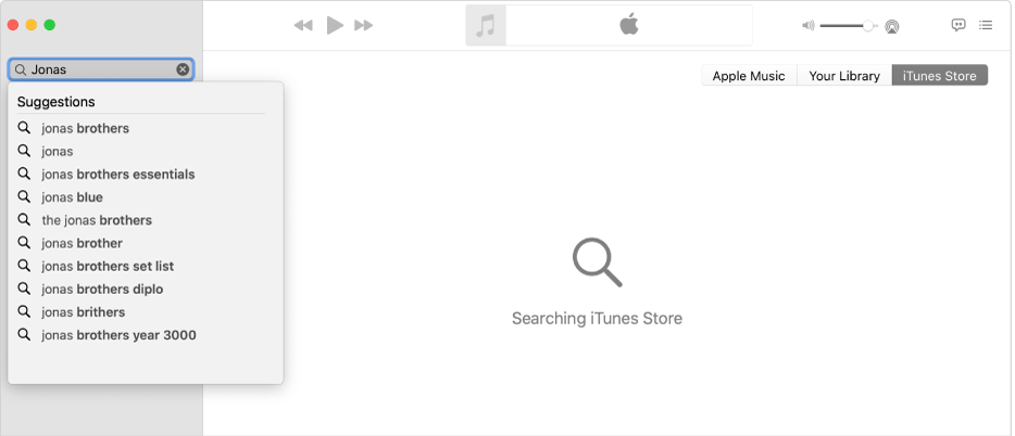 The Music window showing iTunes Store selected in the top-right corner, and “Jonas” entered in the search field in the top-left corner. Suggested iTunes Store results for “Jonas” are displayed in the list below the search field.