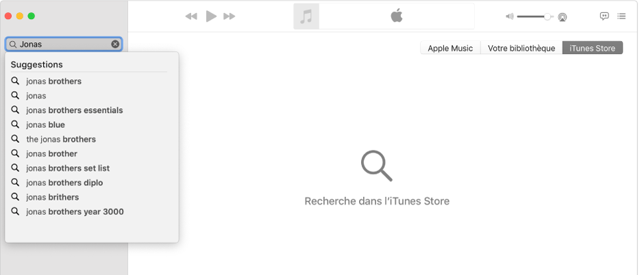 La fenêtre Musique affichant l’iTunes Store sélectionné dans le coin supérieur droit, et « Jonas » saisi dans le champ de recherche en haut à gauche. Les résultats suggérés de l’iTunes Store pour « Jonas » s’affichent dans la liste sous le champ de recherche.