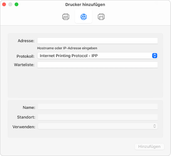 Das Fenster „Hinzufügen“ mit den IP-Optionen zum Einrichten eines Druckers mit dem IP-Protokoll.