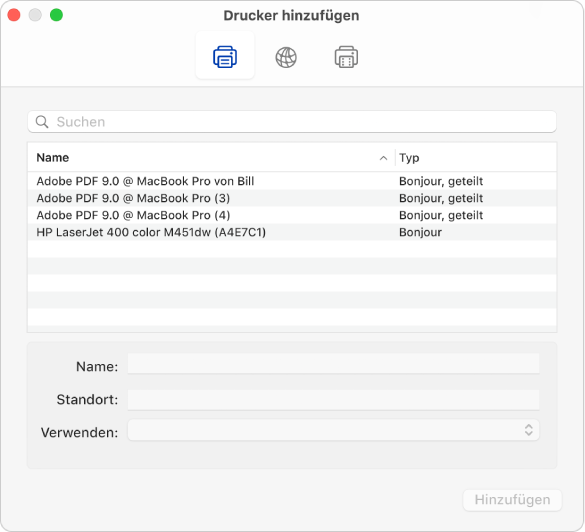 Das Fenster „Drucker hinzufügen“ mit den Standardoptionen zum Auswählen eines Druckers und zum Hinzufügen eines Namens und Standorts sowie dem Einblendmenü zum Auswählen des Druckertyps.