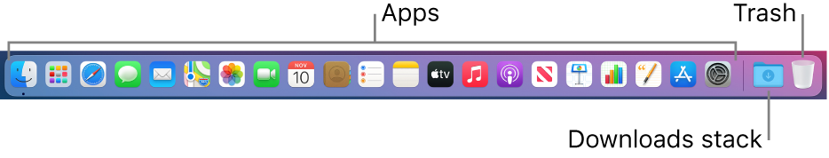 The Dock showing icons for apps, the Downloads stack, and the Trash.