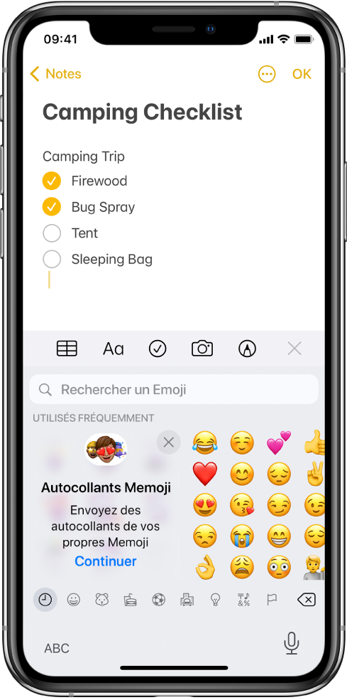 Note en cours de modification dans l’app Notes, avec le clavier Emoji ouvert et le champ « Rechercher un Emoji » en haut du clavier.