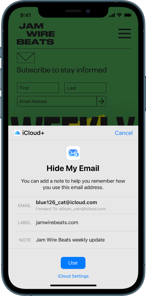 Ekrāna apakšējā puse ir opcija Hide My Email pakalpojumam iCloud+. Tā norāda nejaušā secībā ģenerētu e-pasta adresi, pārsūtīšanas adresi, atzīmi un piezīmi. Izvēlnes apakšā ir poga, kas apzīmēta ar Use, un saite uz iCloud Settings.