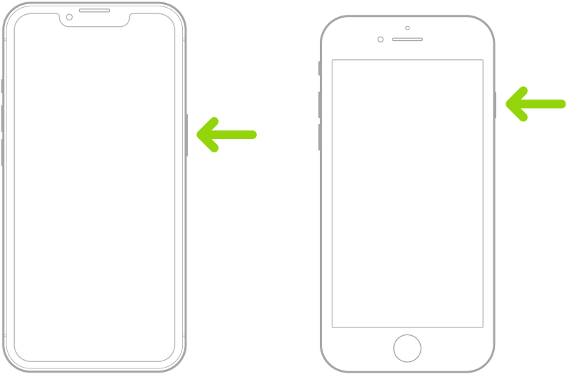 Una fletxa verda apuntant cap al botó del costat dret de l’iPhone.