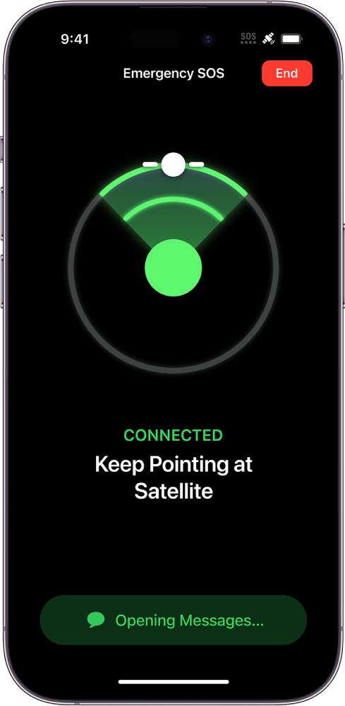 Emergency SOS-kuvas on visuaal, milles juhendatakse kasutajat suunama iPhone satelliidi poole. All on märguanne Opening Messages.