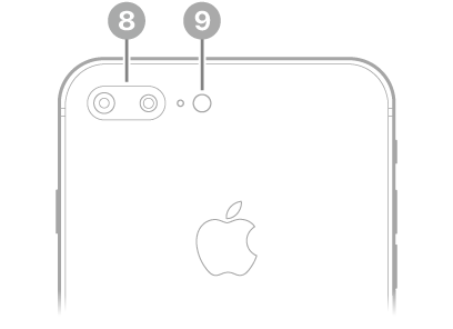 Skats uz iPhone 8 Plus aizmuguri. Aizmugurējās kameras un zibspuldze atrodas augšpusē pa kreisi.