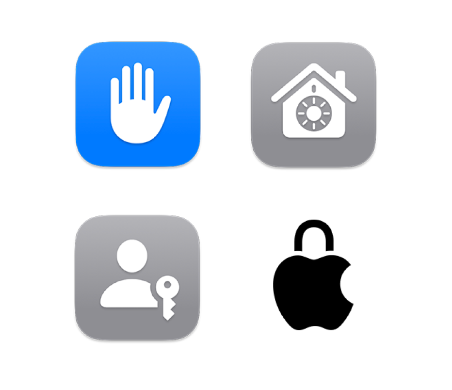 ארבעה אייקונים שמייצגים את ״פרטיות ואבטחה״, FileVault, ״מפתחות התחברות״ ו״פרטיות ב-Apple״.