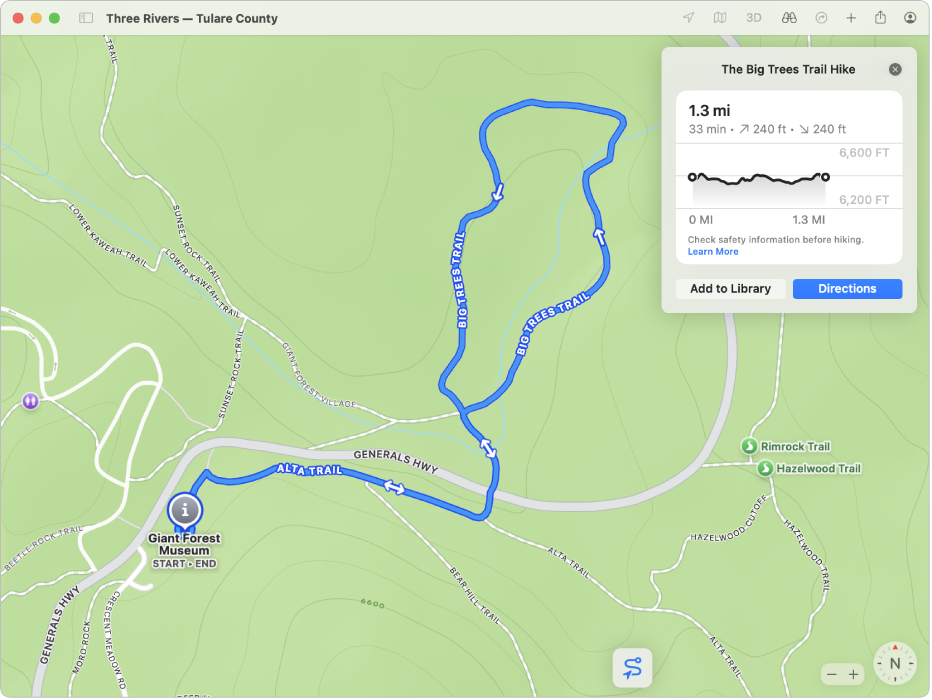 Un mapa topográfico de un sendero mostrando su longitud, altitud adquirida y perdida, y ruta.