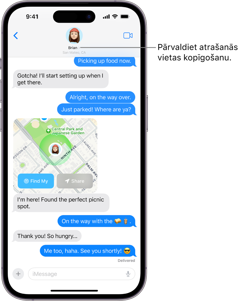 Messages saruna ar kopīgotu atrašanās vietu.