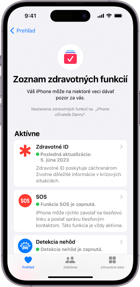 Obrazovka Zoznam zdravotných funkcií zobrazujúca, že Zdravotné ID, SOS a hlásenia funkcie Detekcia nehôd sú zapnuté.