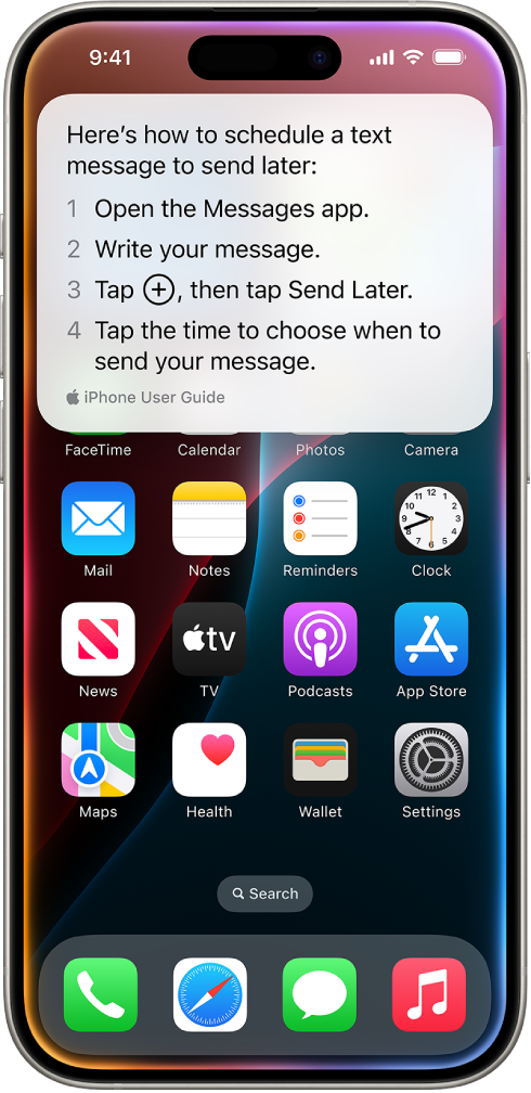 The iPhone Home Screen showing the Siri-provided steps for scheduling a text message to send later.