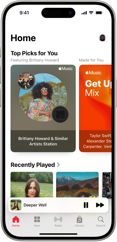 The Home screen in the Music app showing Top Picks at the top. You can swipe left or right to view more music chosen just for you. Recently Played appears below.