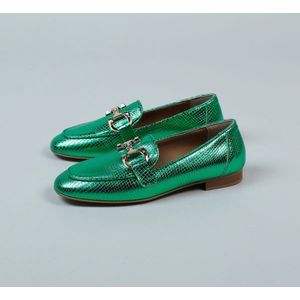 Manfield - Dames - Groene metallic leren loafers - Maat 37