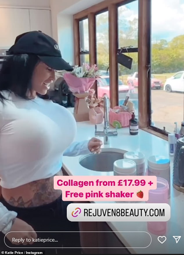 In a new video filmed from her kitchen, Katie displayed the results of her surgeries while promoting a collagen shake to her 2.6million followers