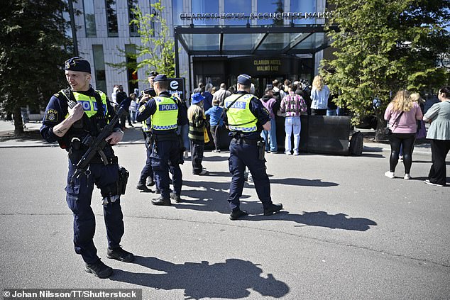 Police on scene as the media await the participants of the Eurovision final outside the Clarion Hotel in Malmö, Sweden