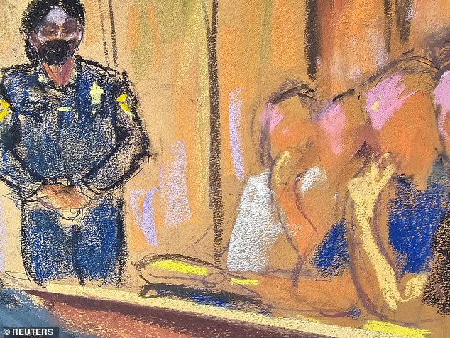 A sketch of jury members looking on as prosecutor Joshua Steinglass gives closing arguments