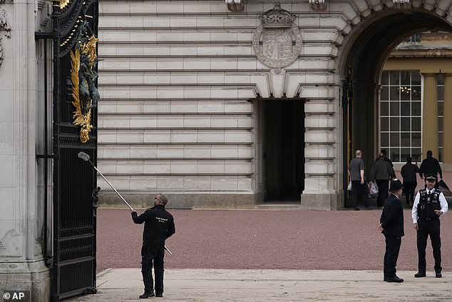 A workman cleans the central gates to Buckingham Palace ahead ofTrooping the Colour today