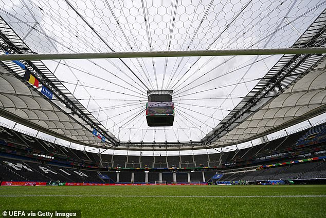 England will play Denmark at the Frankfurt Arena (pictured yesterday) in their second game