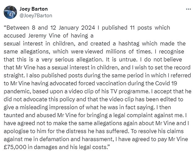 Barton, 41, has posted this apology to Vine today on X, formerly Twitter