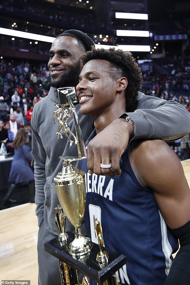 LeBron 'Bronny' James Jr. of Sierra Canyon High School with his father LeBron in 2019