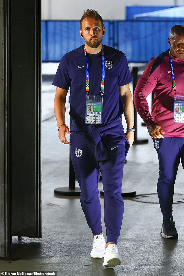 England captain Harry Kane was seen arriving at Arena AufSchalke in the German city of Gelsenkirchen ahead of this evening's match against Slovakia