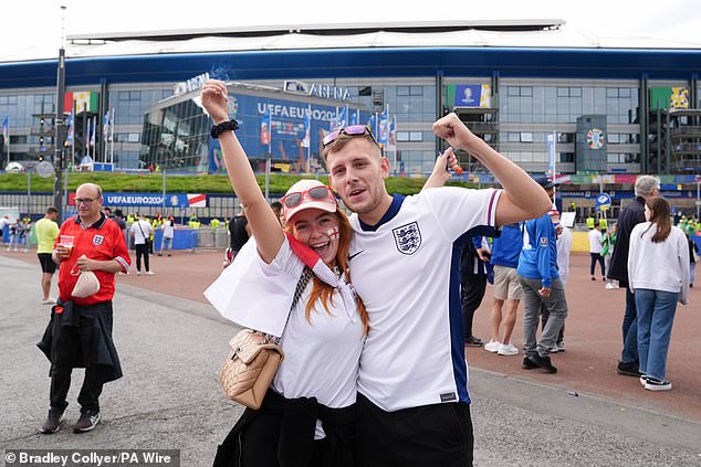 Excited England supporters have been gathering outside the Arena AufSchalke in the German city of Gelsenkirchen ahead of this evening's Euro 2024 knock-out match against Slovakia
