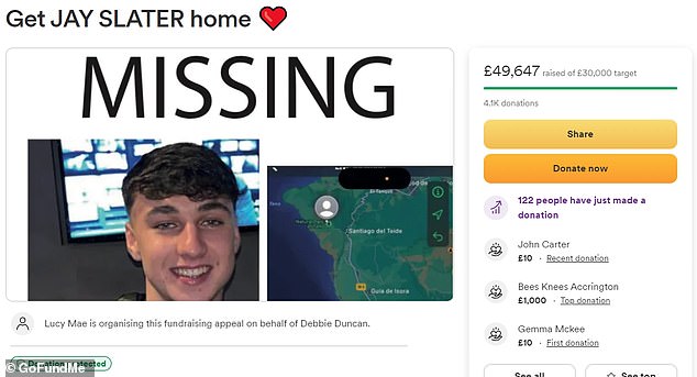 A GoFundMe page set up since Jay vanished on June 17 has raised nearly £50,000