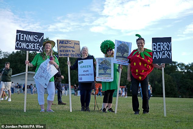 Campaigners protest against the proposed expansion of the Wimbledon grounds today