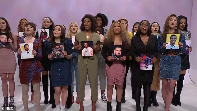 Conclusion: To end the skit, all the women held up a photo of the Canadian-born rapper