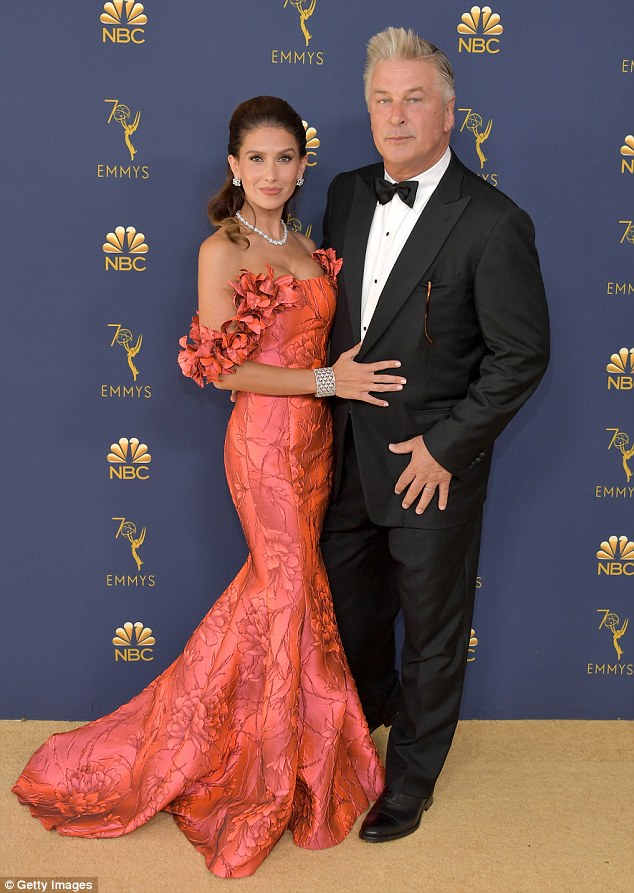 Glamour couple: Hilaria and Alec Baldwin graced the red carpet of the Emmy Awards at the Microsoft Theater in downtown Los Angeles on Monday