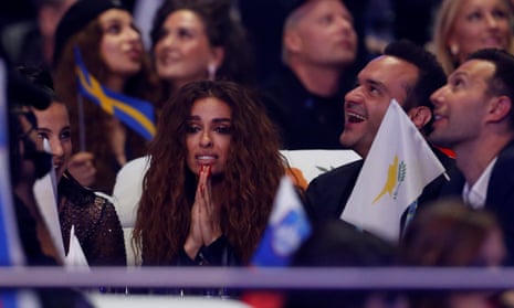 Cyprus’s Eleni Foureira reacts as she waits for the results.