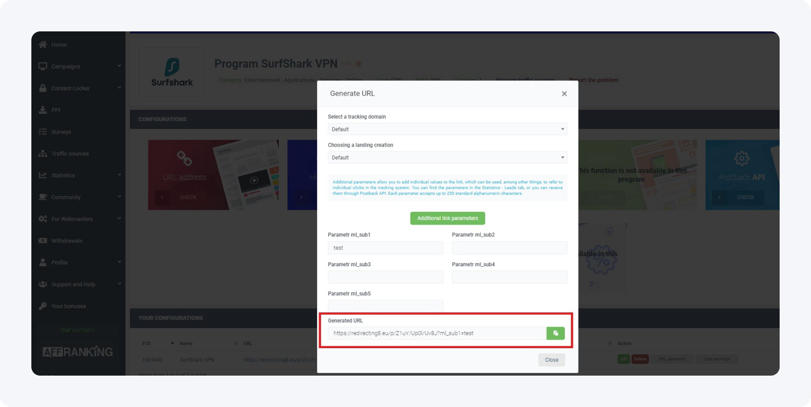 MyLead’s panel, Generate URL, additional link parameters, parameters ml_sub.