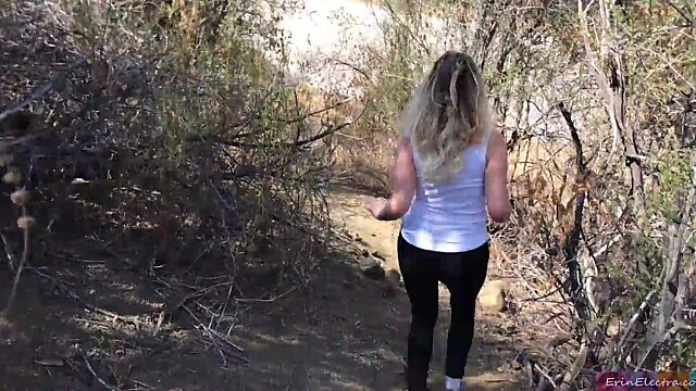 Blonde gets pounded and filled by trainer outdoors