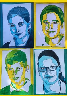 four different colored portraits of men with glasses on them, one in the process of drawing