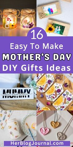 easy handmade mothers day gifts with mason jar, clay craft, photo holder and much more.