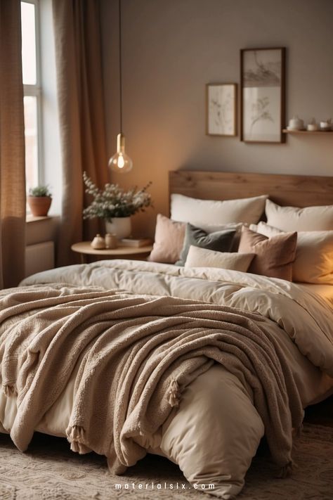 Cozy bedroom with a neatly made bed, beige and white bedding, and soft lighting. Decor includes plants and framed pictures on the wall. Aesthetic Room Decor For Couples, Moody Bedrooms Romantic, Cozy Bedroom Rustic, Making Your Bed Aesthetic, Muslin Bedding Ideas, Simple Romantic Bedroom Ideas, Neutral Cozy Bedroom Ideas, Chic Cozy Bedroom, Light Brown Comforter Bedroom