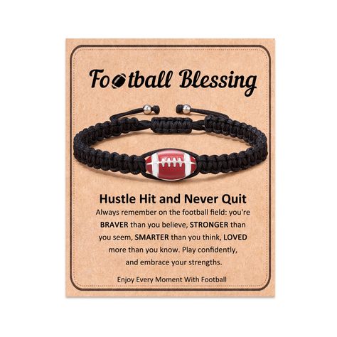 PRICES MAY VARY. [ Football Bracelet ] The Football bracelet combined with a charm will show your love for Football, and remind you that faith and sportsmanship go hand in hand [ Football Party Favors ] This bracelet is a meaningful gift for Football players, Football teams, Football fans, sons, grandsons, friends, and yourself on graduation, Football senior night, birthday, Christmas, Valentine's Day, and Other Anniversaries [ Material ] Black Braided Cords Intertwined with a Stylish Silver Foo Football Swag Ideas, Football Coach Gifts Ideas, Youth Football Homecoming Ideas, Football Goodie Bags For Players, Football Baskets For Boyfriend, Football Goody Bag Ideas For Players, Senior Night Gift Ideas Football, Football Treats For Players, Football Senior Night Gifts