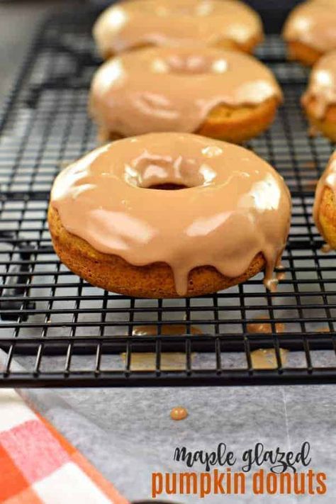 Soft pumpkin donuts topped with a maple glaze are exactly how I want to celebrate a fall morning. Bake a batch of Maple Glazed Pumpkin Donuts today! Pumpkin Doughnut Recipe, Pumpkin Donuts Baked, Donut Glaze Recipes, Donat Glaze, Pumpkin Donuts Recipe, Gluten Free Pumpkin Muffins, Pumpkin Doughnut, Baked Donut, Donut Toppings