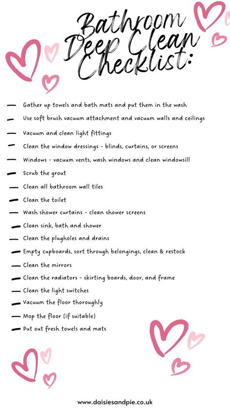 Home Cleaning & Organization Tips and Ideas | ***How To Deep Clean The Bathroom – grab our top to bottom cleaning checklist for really deep cleaning and organising the bathroom - checklist here ... | Facebook Home To Do List Clean House, New Year Deep Cleaning, Order To Clean Room, New Years Cleaning Checklist, Living Room Deep Clean, Spring Clean Bedroom, Bedroom Deep Clean Checklist, Restarting Life, Deep Cleaning Room