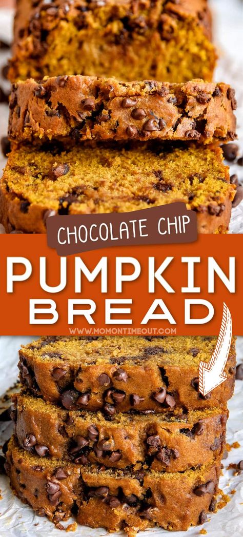 This Homemade Pumpkin Bread is extra delicious, supremely moist, and bursting with fall flavors! So easy to make and a guaranteed hit with friends and family this holiday season. Bonus: No mixer needed! This easy pumpkin chocolate chip bread recipe is sure to become a new family favorite. // Mom On Timeout #pumpkinbread #pumpkin #bread #chocolate #fall #thanksgiving #baking #recipes Chocolate Chip Bread Recipe, Easy Pumpkin Bread, Thanksgiving Menu Ideas Side Dishes, Thanksgiving Menu Ideas, Fall Baking Recipes, Chocolate Chip Bread, Savory Pumpkin Recipes, Pumpkin Chocolate Chip Bread, Recipes Thanksgiving