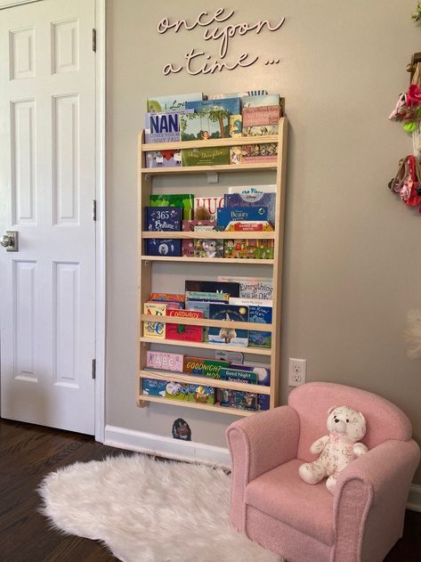 Book And Toy Shelf, Space Saver Bookshelf Ideas, Small Bookshelf Ideas On Wall, Wall Bookshelf Nursery, Playroom Alphabet Wall, Wood Wall Bookshelf, Baby Room Book Shelves, Toddler Wall Storage, Nursery Wall Bookshelf