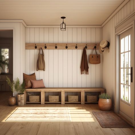 Step into the 'Country Glow', where the often-overlooked farmhouse mud room takes center stage, shining with grace and splendor. More than just a practical space, it radiates with a special luminosity reminiscent of sun-dappled meadows and morning mist over farmlands. With its thoughtful design, rustic touches, and the perfect play of light, the 'Country Glow' mud room isn’t just a place to leave behind the day's wear—it's a radiant invitation into the comforting embrace of home. Mudroom Back Entry, Modern Country Mudroom, Mudroom Into Living Room, Mudroom Back Door, Mud Room Open To Kitchen, Functional Family Entryway, Mud Room Farmhouse Entryway, Mud Room Green, Mudroom With Fireplace