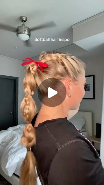 Payden Bordeau on Instagram: "Today’s gameday hair!  - - What’s your go to gameday hairstyle??!  - - #softballhair #softball #reels #gamedayhair #explore #hairinspo #sportyhairstyle" Softball Easy Hairstyles, Softball Hairstyles With Bow, Hair Styles Game Day, French Braid To Bubble Braid, Softball Ponytail Hairstyles, Softball Pictures Hairstyles, Volleyball Gameday Hair, Volleyball Game Day Hairstyles, Easy Softball Hairstyles Simple