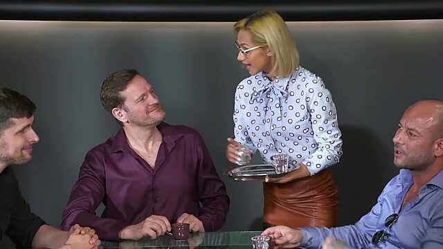 Skinny secretary Veronica Leal is fucked by boss and his partners