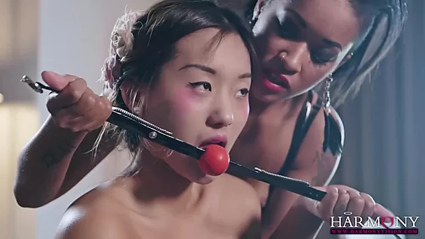Ebony minnares en rondborstige milf gebruikt Aziatische Alina Li als lesbische sekspop