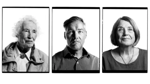 Three black-and-white portraits side by side - an elderly lady with white hair, a middle-aged man with greying hair and a middle-aged lady with dark hair.