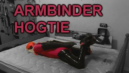 Self Bondage Armbinder Hogtie in PVC Catsuit and Lycra Bodysuit with Chastity Belt and Dildo Locked in Place