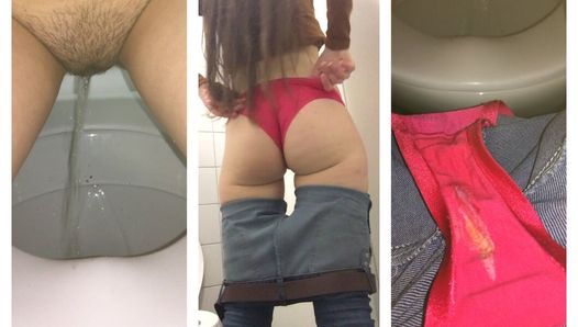 Schlanker Pisser in Nahaufnahme auf einer öffentlichen Toilette. Russisches Pornopissen. Stehende haarige Fotze pissen